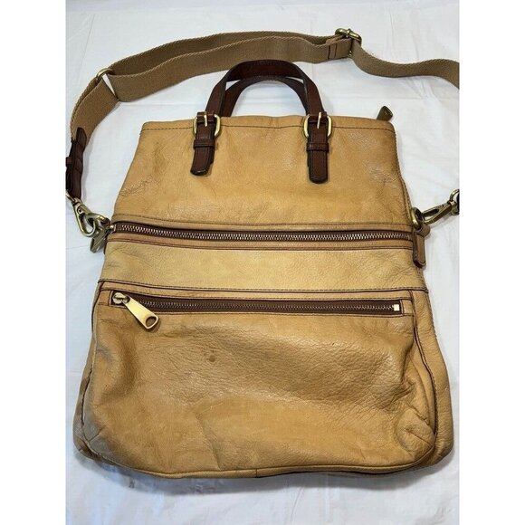 Fossil Explorer Leather Fold Over Crossbody Hobo Tote Shoulder Bag Tan - Picture 10 of 16